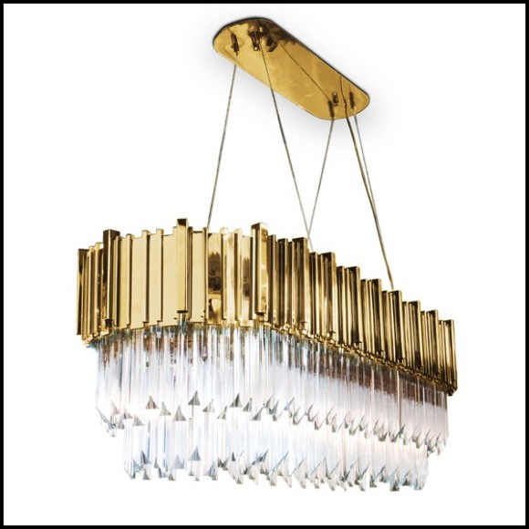 Chandelier with big long oval ring of gold-plated polished brass and crystal glass pendants 164-Ambassador Long Oval