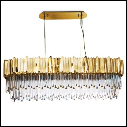 Chandelier with big long oval ring of gold-plated polished brass and crystal glass pendants 164-Ambassador Long Oval