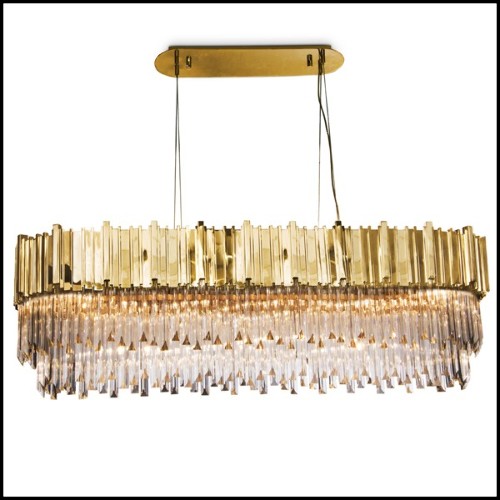 Chandelier with big long oval ring of gold-plated polished brass and crystal glass pendants 164-Ambassador Long Oval