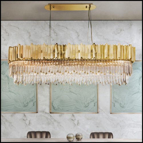 Chandelier with big long oval ring of gold-plated polished brass and crystal glass pendants 164-Ambassador Long Oval