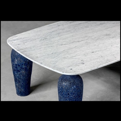 Table de repas avec plateau en marbre blanc et gris Carrare et 4 pieds en céramique bleue 30-Blue Ceramic Long