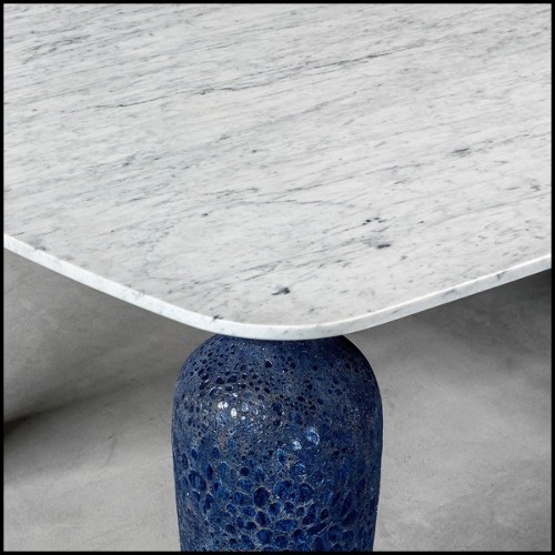 Dining table with Carrara white and grey marble top and with 4 vase feet in blue ceramic 30-Blue Ceramic Long