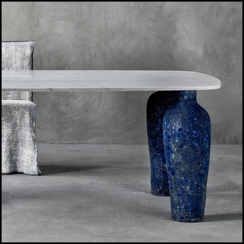 Dining table with Carrara white and grey marble top and with 4 vase feet in blue ceramic 30-Blue Ceramic Long