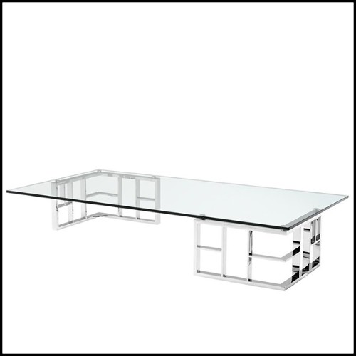 Table basse avec structure en acier inoxydable poli et plateau en verre clair 24-Caner