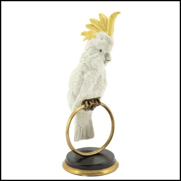 Sculpture in hand painted white porcelain with brass details 162-Parrot on Ring.