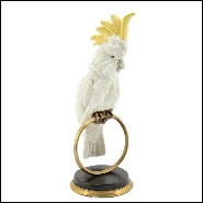 Sculpture in hand painted white porcelain with brass details 162-Parrot on Ring.