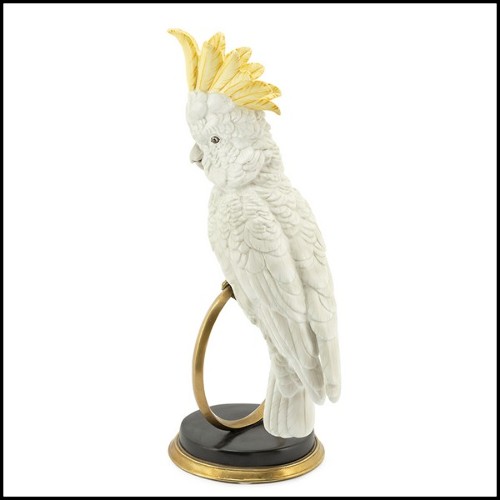 Sculpture in hand painted white porcelain with brass details 162-Parrot on Ring.