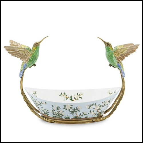Bol peint à la main en porcelaine blanche avec un cadre en bronze 162-Birds Porcelain