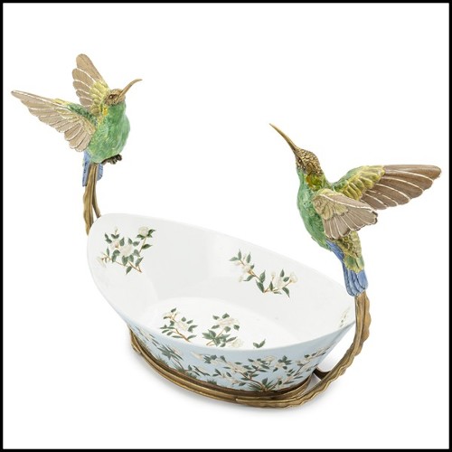 Bowls hand-painted in white porcelain with a bronze frame 162-Birds Porcelain