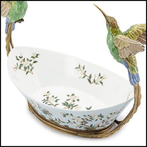 Bol peint à la main en porcelaine blanche avec un cadre en bronze 162-Birds Porcelain