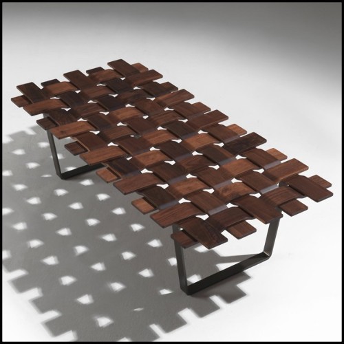 Bench with solid handcrafted varnished walnut wood top in grid and forged metal base 63-Walnut Grid