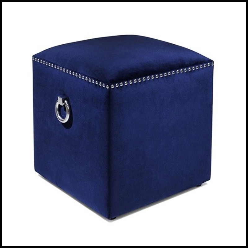 Stool covered with blue velvet fabric and chromed metal nails 162-Deep Blue