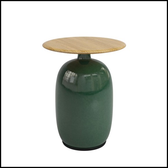 Side table made with handcrafted green ceramic base and with teak top 45-Aqua Ceramic