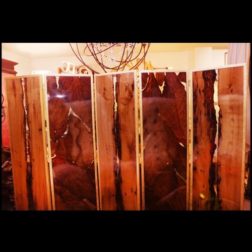 Folding screen all handcrafted with 5 metal gilded panels frame PC-Bricole and Tobacco
