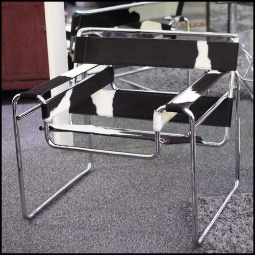 Armchair with polished stainless steel structure and black and white natural cowhide PC-Wassily Cowhide 2