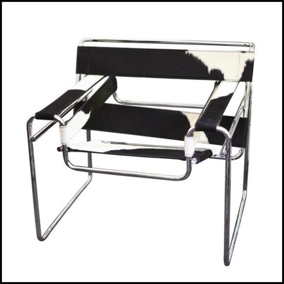 Armchair with polished stainless steel structure and black and white natural cowhide PC-Wassily Cowhide 1