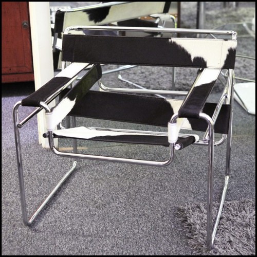 Armchair with polished stainless steel structure and black and white natural cowhide PC-Wassily Cowhide 1