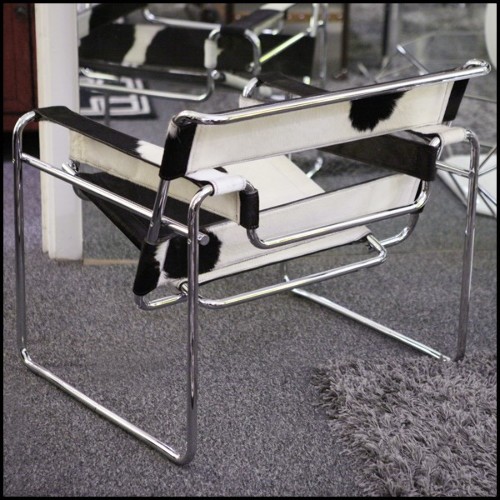 Armchair with polished stainless steel structure and black and white natural cowhide PC-Wassily Cowhide 1