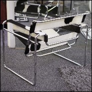 Armchair with polished stainless steel structure and black and white natural cowhide PC-Wassily Cowhide 1