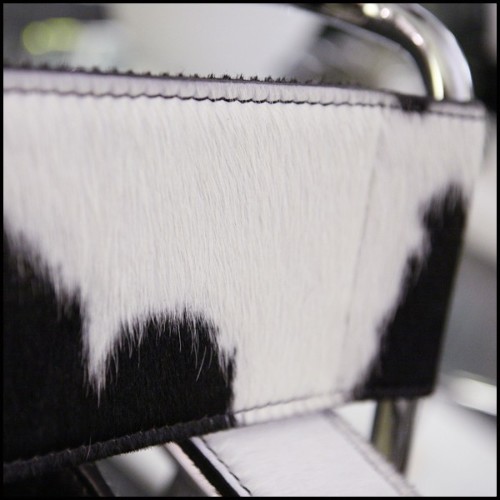 Armchair with polished stainless steel structure and black and white natural cowhide PC-Wassily Cowhide 1