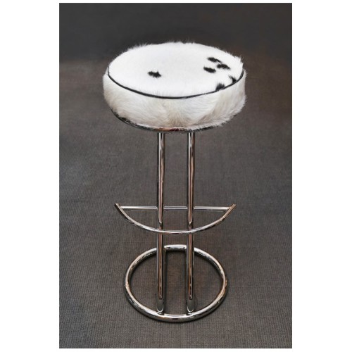Tabouret de bar tapissé et recouvert de naturel poney sur socle en acier inoxydable poli PC-Pony A