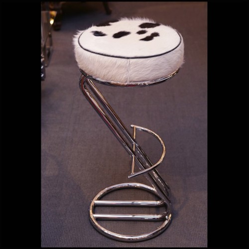 Bar stool upholstered and covered with natural pony on polished stainless steel base PC-Pony C