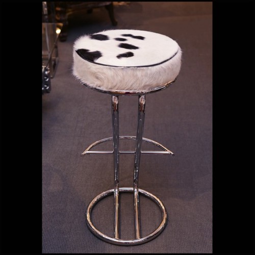 Bar stool upholstered and covered with natural pony on polished stainless steel base PC-Pony C
