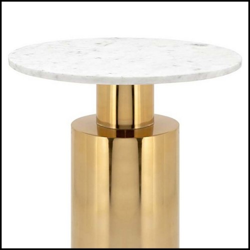Table d'appoint avec base en métal poli et doré et plateau rond en pierre blanche 162-White Stone