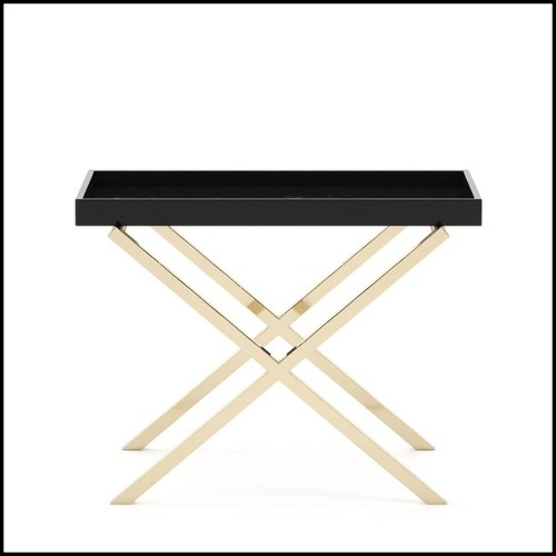 Side table with varnished black oak top and polished stainless steel cross base in gold finish 174-Cross Gold
