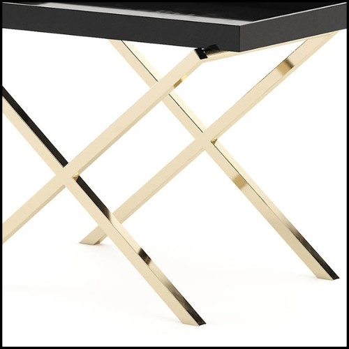 Side table with varnished black oak top and polished stainless steel cross base in gold finish 174-Cross Gold
