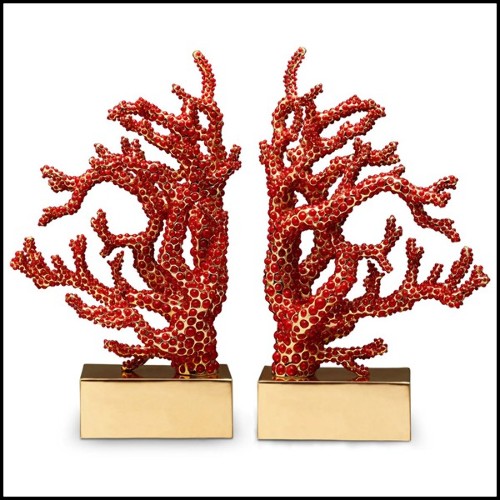 Set of 2 Bookends handcrafted sculpture with more than 8000 red coral cabochons 172-Red Coral Set