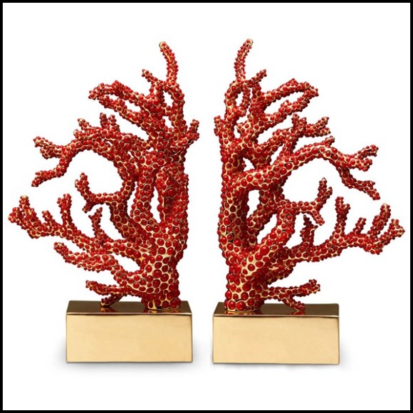 Set de 2 sculptures serre livres avec plus de 8 000 cabochons de corail rouge placés à la main 172-Red Coral Set