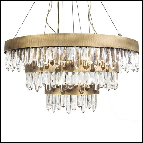 Lustre avec structure en laiton massif finition brossé antique et bâtons de cristal de quartz sculptés 155-Crystal Sticks Triple