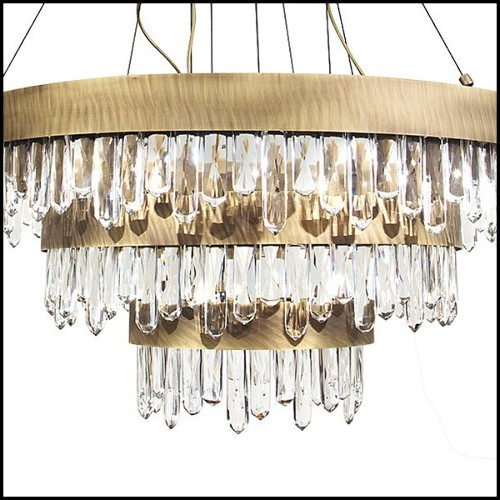 Chandelier with structure in solid brass in antique brushed finish and carved quartz crystal sticks 155-Crystal Sticks Triple