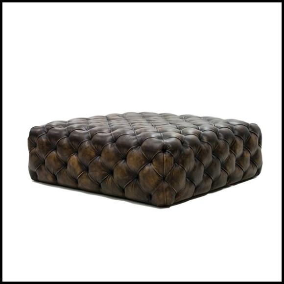 Pouf avec structure en bois massif recouvert de cuir brun naturel capitonné 176-Browny Leather