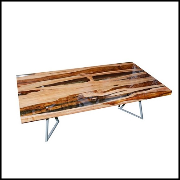 Table basse avec plateau en bois d'aquariquara carapanauba de mangrove brésilienne et résine PC-Aquariquara