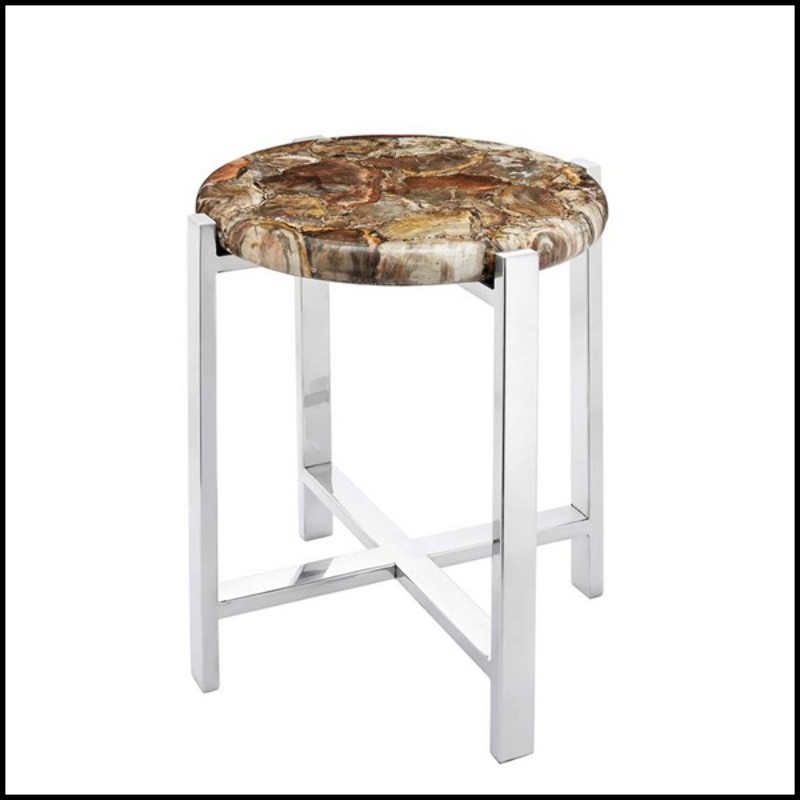 Side table with natural petrified wood top and with base in metal in chrome finish 162-Petrified top