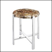 Side table with natural petrified wood top and with base in metal in chrome finish 162-Petrified top