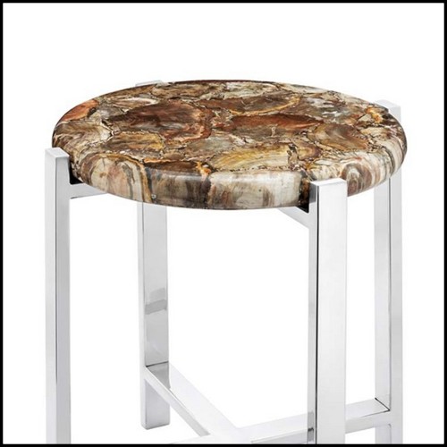 Side table with natural petrified wood top and with base in metal in chrome finish 162-Petrified top