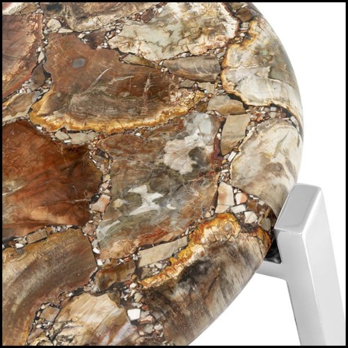 Side table with natural petrified wood top and with base in metal in chrome finish 162-Petrified top