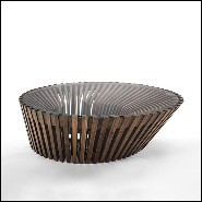 Coffee table with multiples carved solid walnut wood sticks elements. With a clear glass top 154-Shift