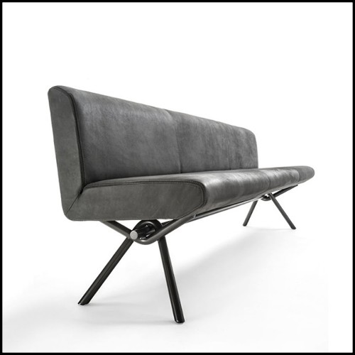 Banc avec structure en bois massif revêtu de cuir véritable gris de haute qualité 154-Grey Leather