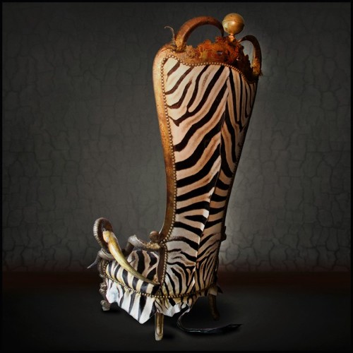 Throne with structure in solid beechwood covered with natural Burchell zebra skins PC-High Zebra