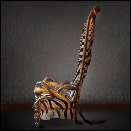Throne with structure in solid beechwood covered with natural Burchell zebra skins PC-High Zebra
