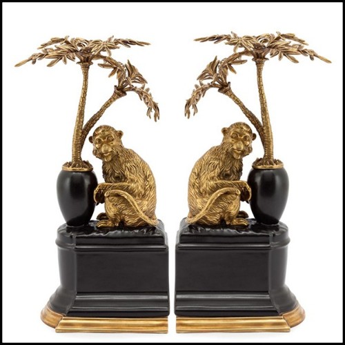 Serre-livres set de 2 en bronze massif avec base en porcelaine peinte à la main 162-Monkeys Palms