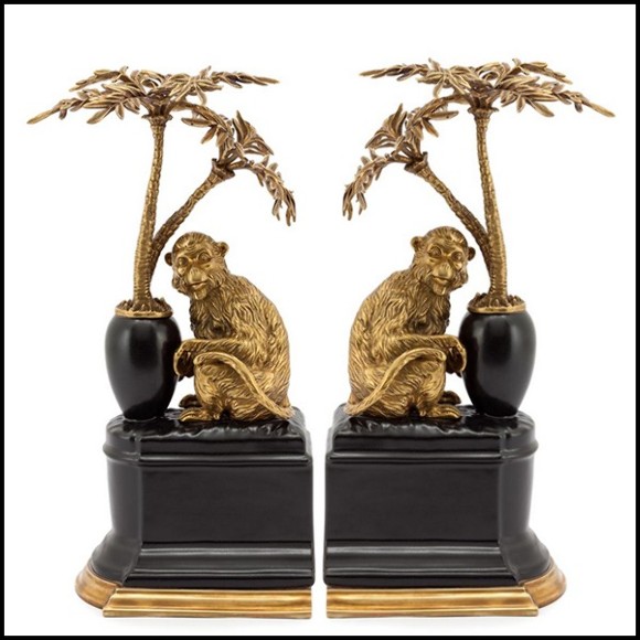 Bookends set of 2 in solid bronze and with base in hand painted porcelain 162-Monkeys and Palms