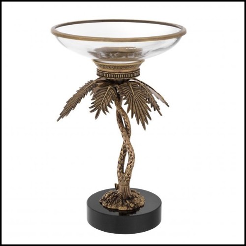 Bowl with structure in vintage brass finish and clear glass on granite base 24-Bowl Palms