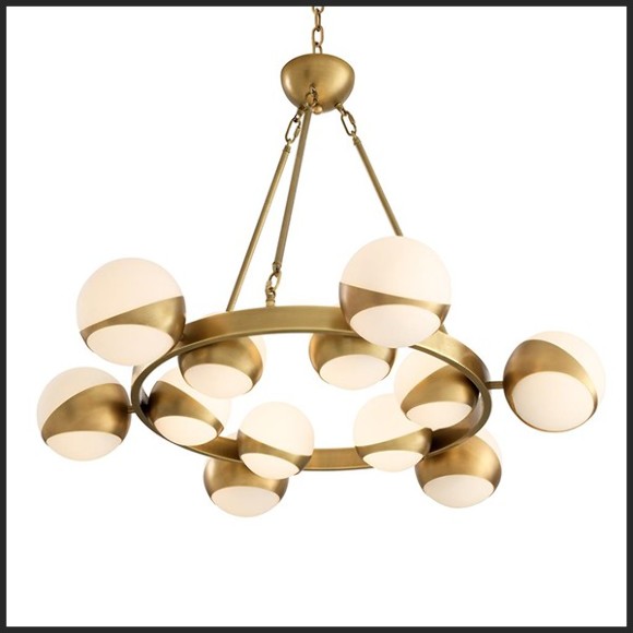 Lustre avec structure en laiton antique et verre blanc 24-Brass Balls