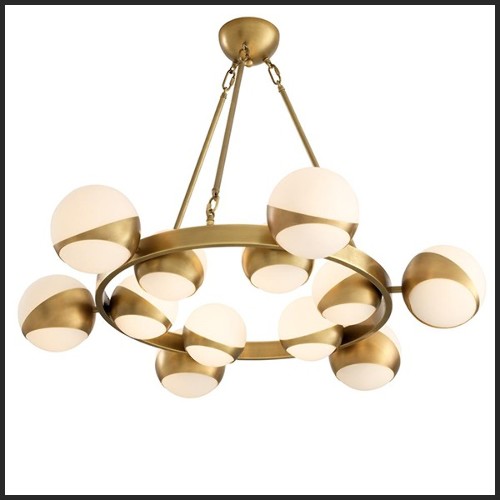 Chandelier with structure in antique brass finish and white glass 24-Brass Balls