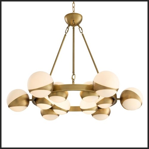 Chandelier with structure in antique brass finish and white glass 24-Brass Balls